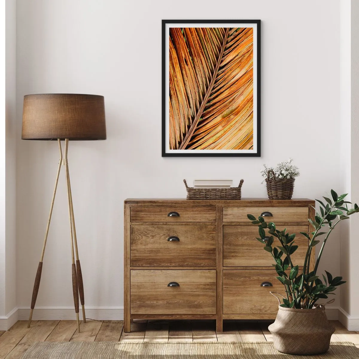 Pôster com moldura preta - Um close de uma folha seca em tons de marrom e dourado. - 50x70cm - Ouro de coco - Decoração de parede moderna para a sala de estar e quarto ARTTOR