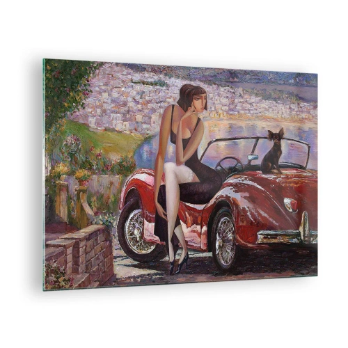 Quadro em vidro - Uma mulher e um cachorro perto de um carro vermelho com uma paisagem ao fundo. - 70x50cm - Verão? Apenas na Riviera - Decoração de parede moderna para a sala de estar e quarto ARTTOR