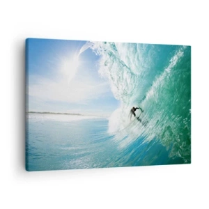 Quadro em tela - Um surfista pegando uma onda sob o sol contra um céu azul - 70x50cm - Na crista da onda - Decoração de parede moderna para a sala de estar e quarto ARTTOR