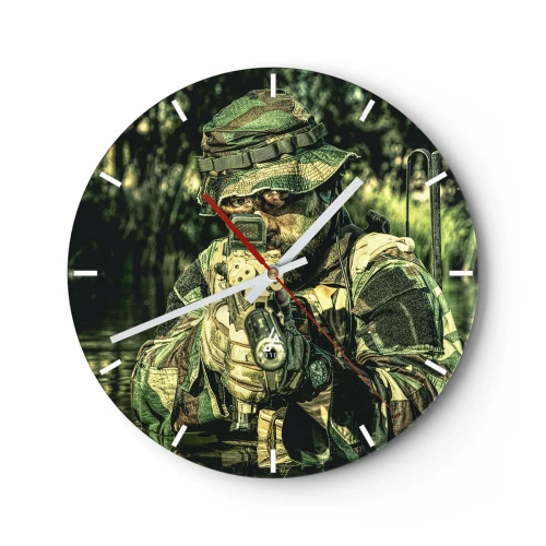 Relógio de parede - Relógio em vidro - Um soldado camuflado mirando o terreno em uma área florestal. - 30x30cm - O melhor dos melhores - Decoração de parede moderna para a sala de estar, cozinha e quarto ARTTOR