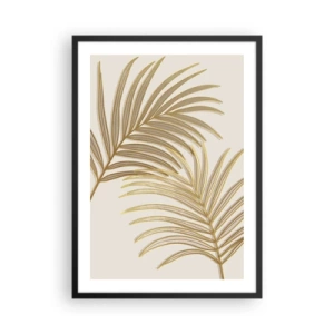 Pôster com moldura preta - Folhas de palmeira douradas em estilo minimalista sobre fundo claro - 50x70cm - Palma de Ouro! - Decoração de parede moderna para a sala de estar e quarto ARTTOR