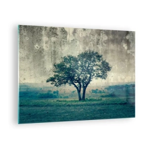 Quadro em vidro - Uma árvore solitária em uma paisagem vintage - 70x50cm - Uma macieira num prado azul? - Decoração de parede moderna para a sala de estar e quarto ARTTOR