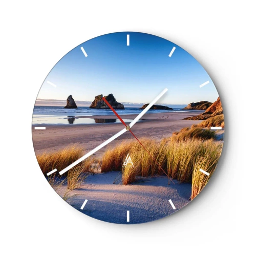 Relógio de parede - Relógio em vidro - Praia de areia ao pôr do sol com vista para as rochas - 30x30cm - Para quem busca a paz - Decoração de parede moderna para a sala de estar, cozinha e quarto ARTTOR