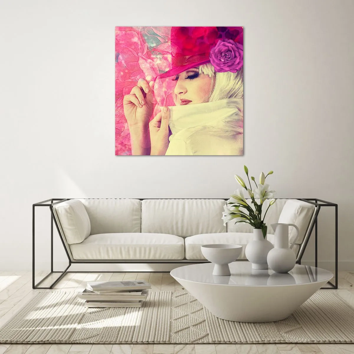 Quadro em vidro - Retrato retro em rosa - 60x60 cm