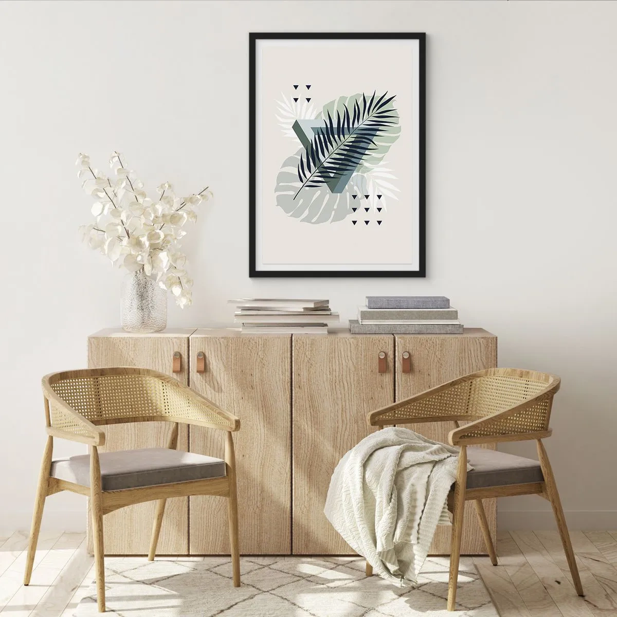 Pôster com moldura preta - Folhas tropicais abstratas em um fundo claro - 50x70cm - Natureza e geometria – duas ordens? - Decoração de parede moderna para a sala de estar e quarto ARTTOR