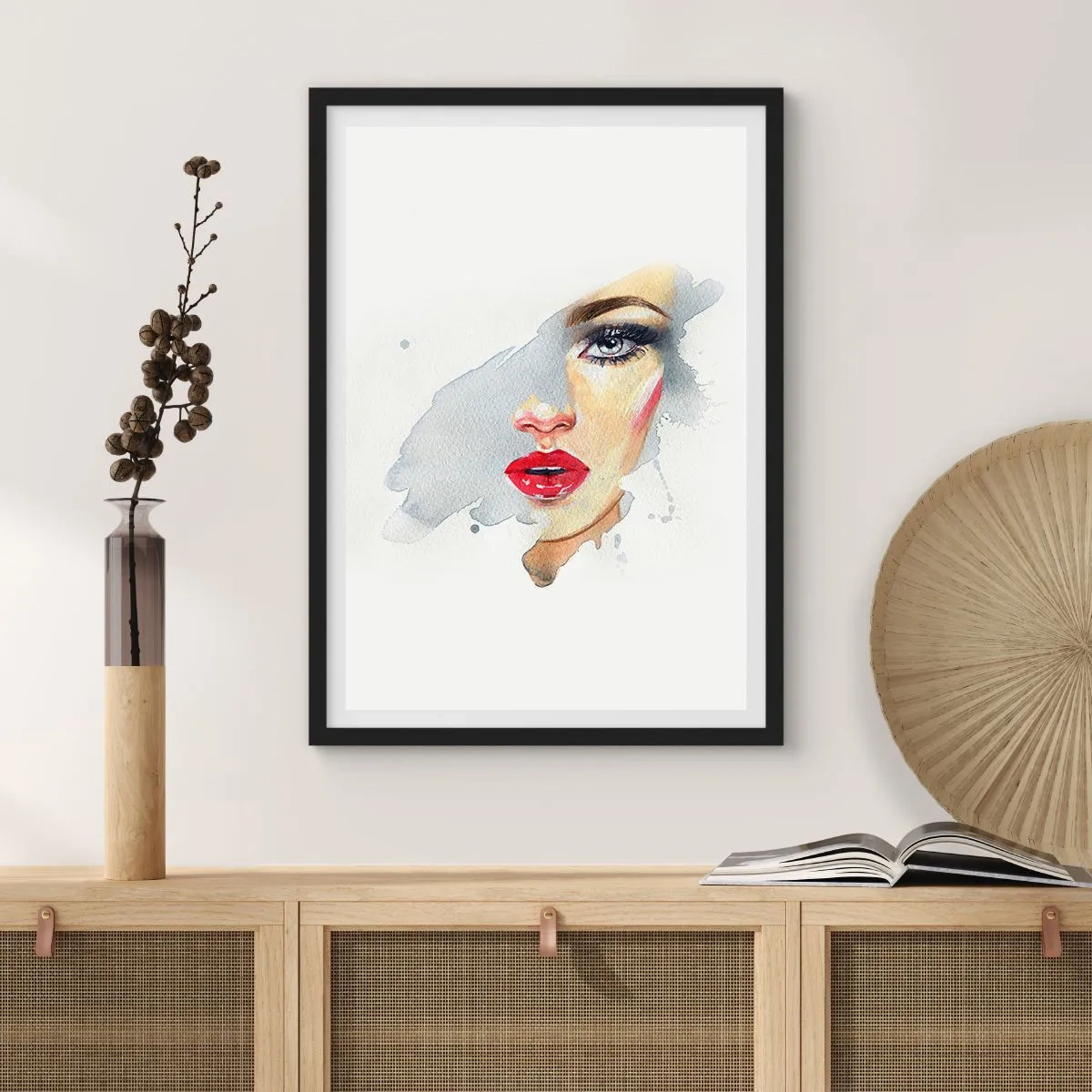 Pôster com moldura preta - Retrato em aquarela de uma mulher com lábios vermelhos - 50x70cm - Reflexão numa gota de água - Decoração de parede moderna para a sala de estar e quarto ARTTOR