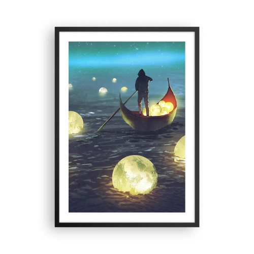 Pôster com moldura preta - Uma figura em um barco cercada por bolas luminosas na água - 50x70cm - Coisas com as quais os filósofos nunca sonharam - Decoração de parede moderna para a sala de estar e quarto ARTTOR