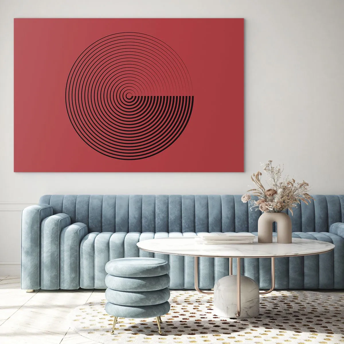 Quadro em vidro - Círculos concêntricos pretos em um fundo vermelho - 70x50cm - Movimento circular - Decoração de parede moderna para a sala de estar e quarto ARTTOR