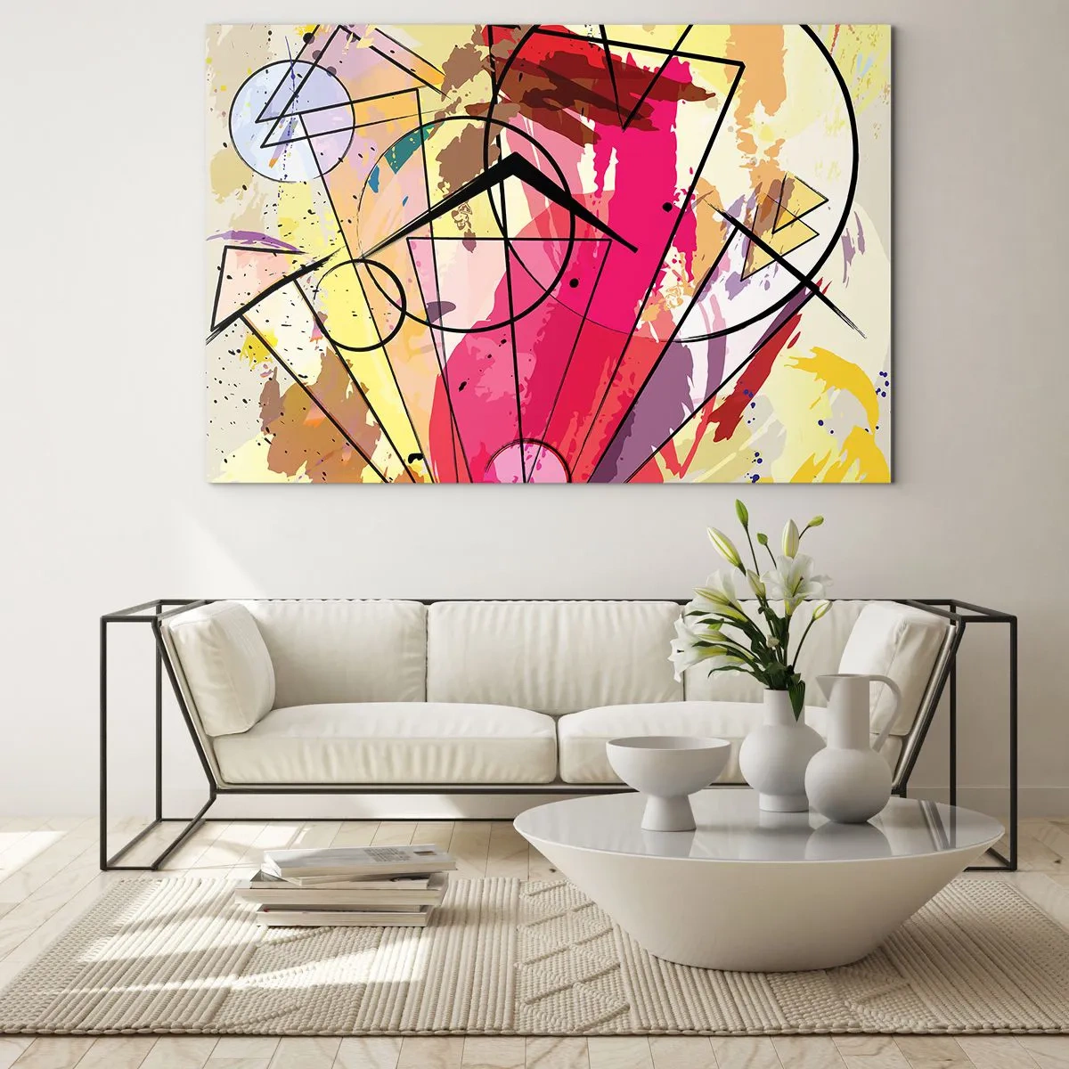 Quadro em vidro - Abstração colorida com padrões e linhas geométricas - 70x50cm - Explosão - Decoração de parede moderna para a sala de estar e quarto ARTTOR