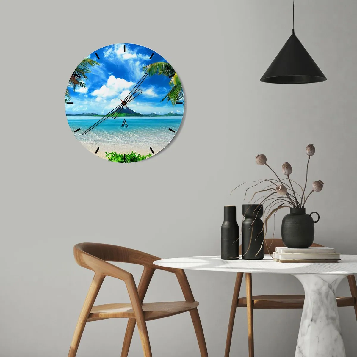 Relógio de parede - Relógio em vidro - Uma praia exótica com palmeiras e mar azul - 30x30cm - O azul dos trópicos - Decoração de parede moderna para a sala de estar, cozinha e quarto ARTTOR