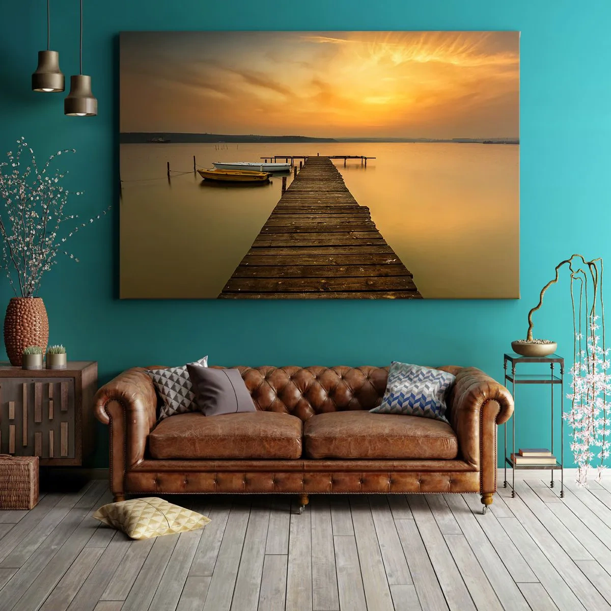 Quadro em tela - Cais de madeira e barcos no lago ao pôr do sol - 70x50cm - Abrirei o céu dourado para vós - Decoração de parede moderna para a sala de estar e quarto ARTTOR