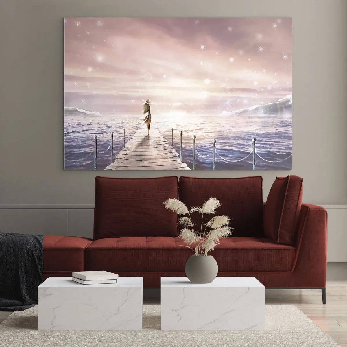 Quadro em vidro - Mulher no píer ao pôr do sol - 70x50cm - À luz de um sonho - Decoração de parede moderna para a sala de estar e quarto ARTTOR