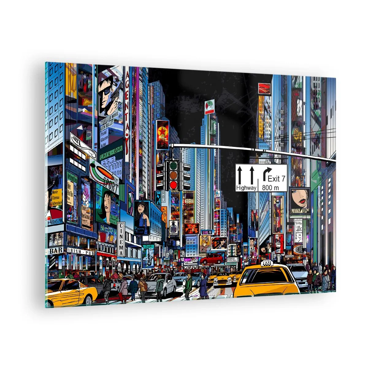 Quadro em vidro - Uma rua movimentada com táxis amarelos e letreiros de neon - 70x50cm - Grande Noite em Cartoon - Decoração de parede moderna para a sala de estar e quarto ARTTOR