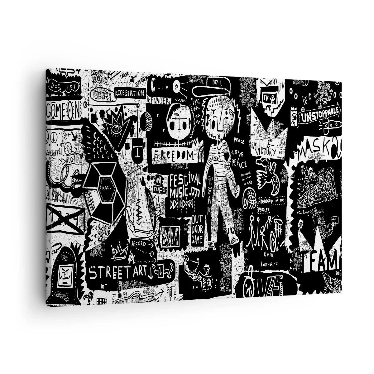 Quadro em tela - Colagem em preto e branco inspirada na arte de rua - 70x50cm - O direito e a alegria da juventude espiritual - Decoração de parede moderna para a sala de estar e quarto ARTTOR
