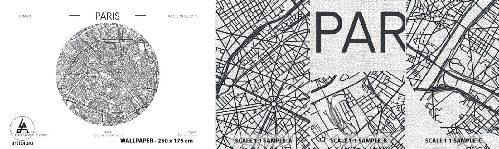 Amostra de papel de parede Premium Canvas - Anatomia de Paris - Mapa, Paris, França - 100x30 cm