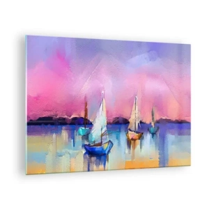 Quadro em vidro - Marina abstrata com veleiros ao pôr do sol - 70x50cm - Direção: águas largas - Decoração de parede moderna para a sala de estar e quarto ARTTOR