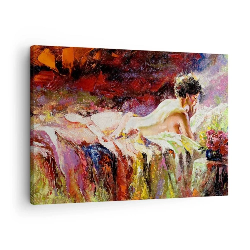 Quadro em tela - Uma mulher deitada em uma cama contra um fundo de cores abstratas. - 70x50cm - Vênus pensativa - Decoração de parede moderna para a sala de estar e quarto ARTTOR