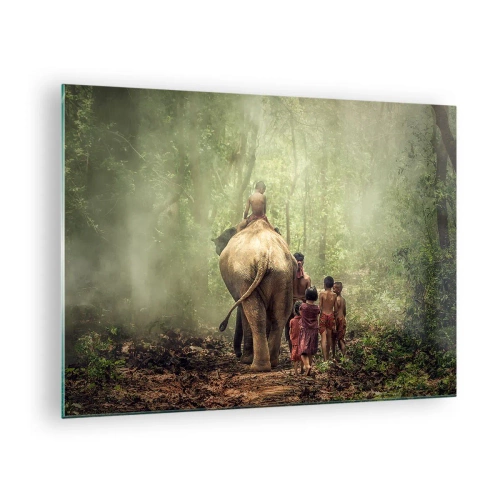 Quadro em vidro - Um elefante na floresta com crianças em trajes tradicionais - 70x50cm - Novo Livro da Selva - Decoração de parede moderna para a sala de estar e quarto ARTTOR