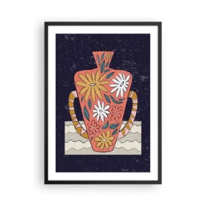 Pôster com moldura preta - Um vaso colorido com um padrão floral em um fundo escuro - 50x70cm - Jarro pintado - Decoração de parede moderna para a sala de estar e quarto ARTTOR
