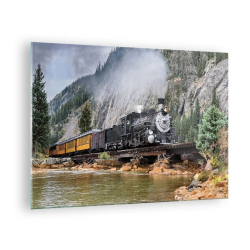 Quadro em vidro - Uma locomotiva a vapor em uma ponte nas montanhas - 70x50cm - Para onde? Onde? - Decoração de parede moderna para a sala de estar e quarto ARTTOR