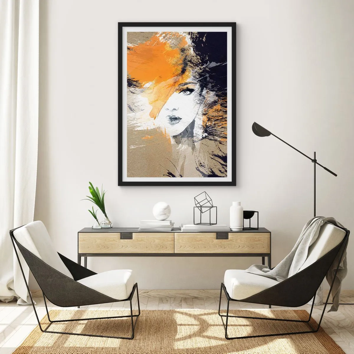 Pôster com moldura preta - Retrato de uma mulher em estilo artístico com detalhes em laranja - 50x70cm - E fez-se a luz - Decoração de parede moderna para a sala de estar e quarto ARTTOR
