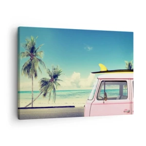 Quadro em tela - Uma van rosa com uma prancha de surfe em uma praia tropical. - 70x50cm - Está na hora das férias - Decoração de parede moderna para a sala de estar e quarto ARTTOR