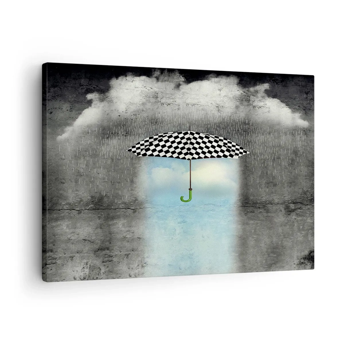 Quadro em tela - Um guarda-chuva xadrez sobre uma paisagem chuvosa - 70x50cm - No entanto, é possível - Decoração de parede moderna para a sala de estar e quarto ARTTOR
