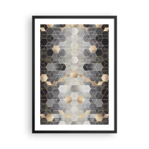 Pôster com moldura preta - Padrão geométrico hexagonal em tons de dourado e cinza - 50x70cm - Composição do diamante - Decoração de parede moderna para a sala de estar e quarto ARTTOR