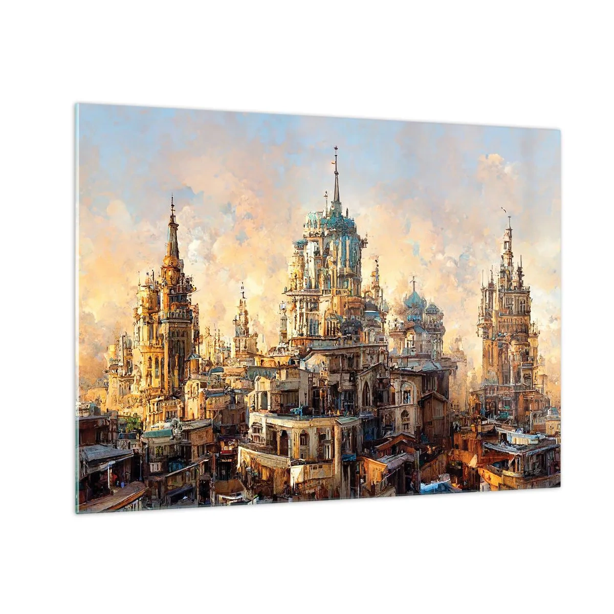 Quadro em vidro - Um panorama fantástico da cidade com torres e palácios - 70x50cm - Cidade das cidades - Decoração de parede moderna para a sala de estar e quarto ARTTOR