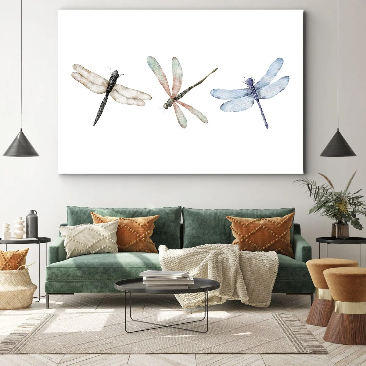 Quadro em tela - Três libélulas em delicadas cores pastéis - 70x50cm - Libélulas sem peso - Decoração de parede moderna para a sala de estar e quarto ARTTOR