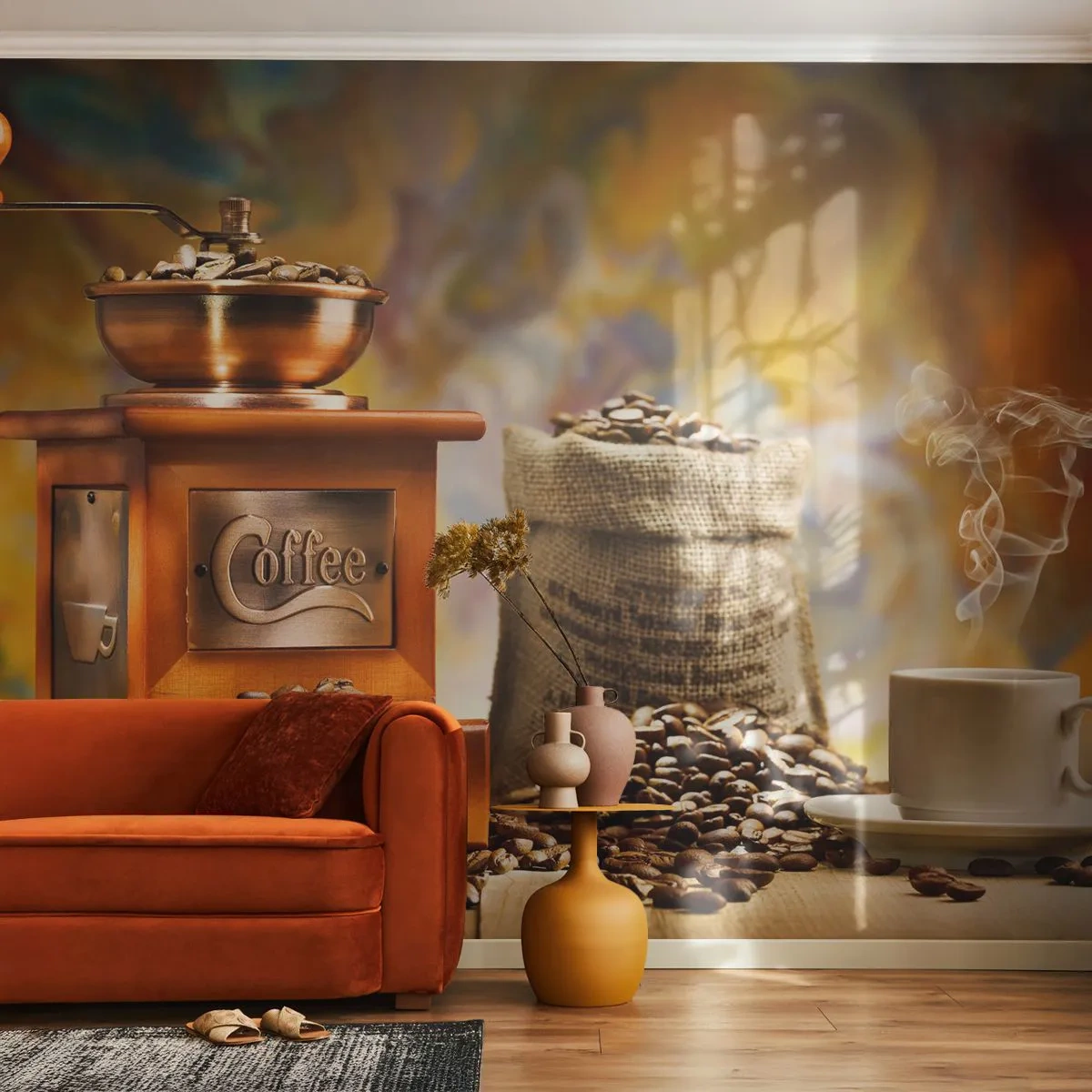 Papel de Parede Premium Canvas - A trituração do grão, o ruído do moedor - Gastronomia, Café, Moedor de café - 350x256 cm