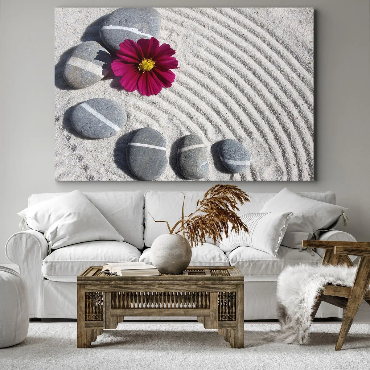 Quadro em tela - Pedras e uma flor rosa na areia em estilo zen - 70x50cm - Energia e paz do círculo mágico da natureza - Decoração de parede moderna para a sala de estar e quarto ARTTOR