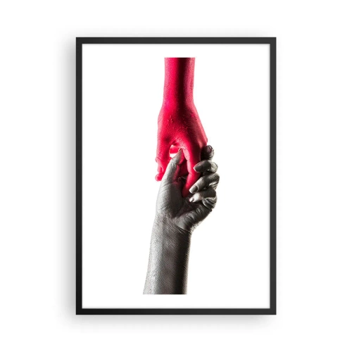 Pôster com moldura preta - Mãos simbólicas em vermelho e prata sobre fundo branco - 50x70cm - Juntos, mas diferentes - Decoração de parede moderna para a sala de estar e quarto ARTTOR