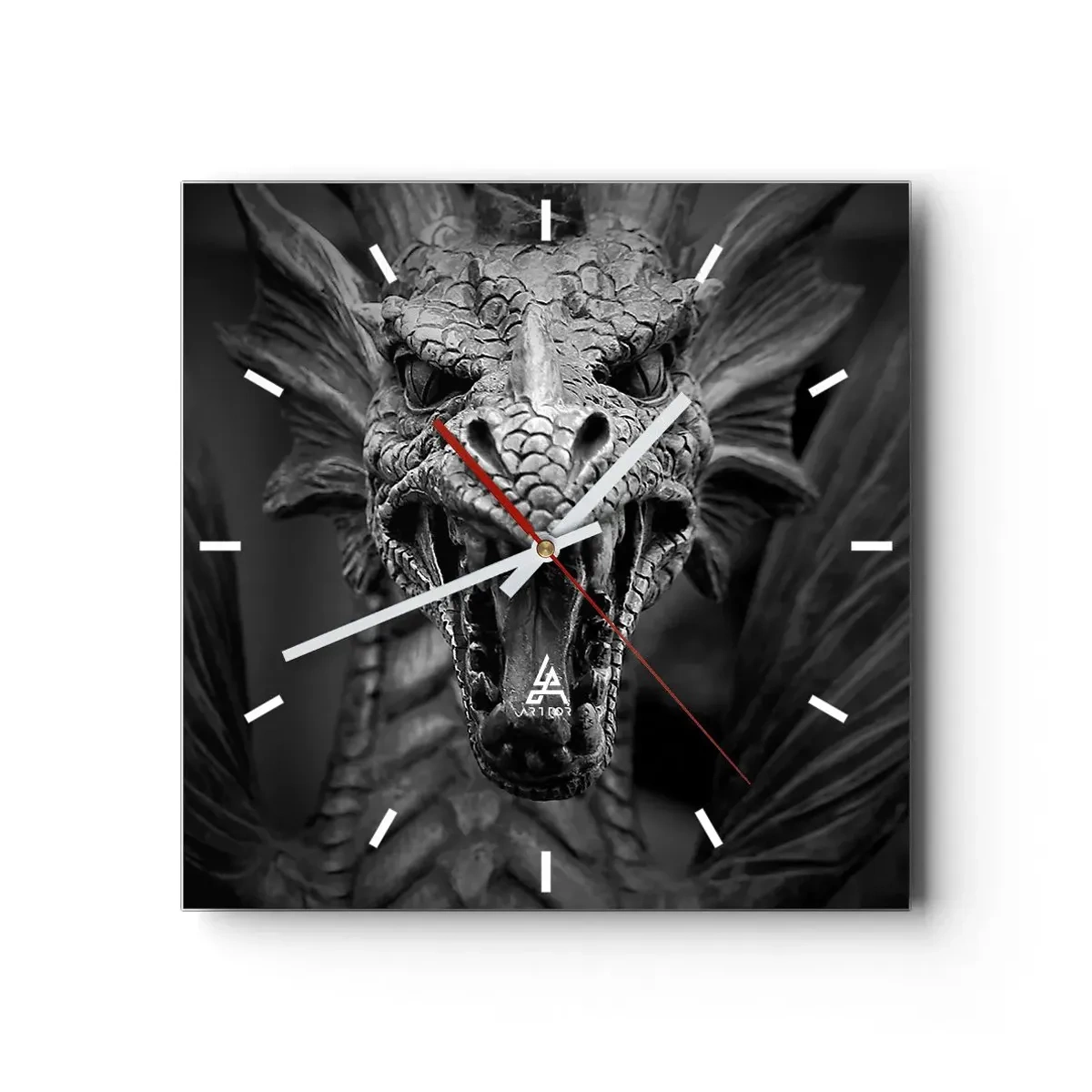 Relógio de parede - Relógio em vidro - Dragão de conto de fadas em tons de cinza - 40x40 cm