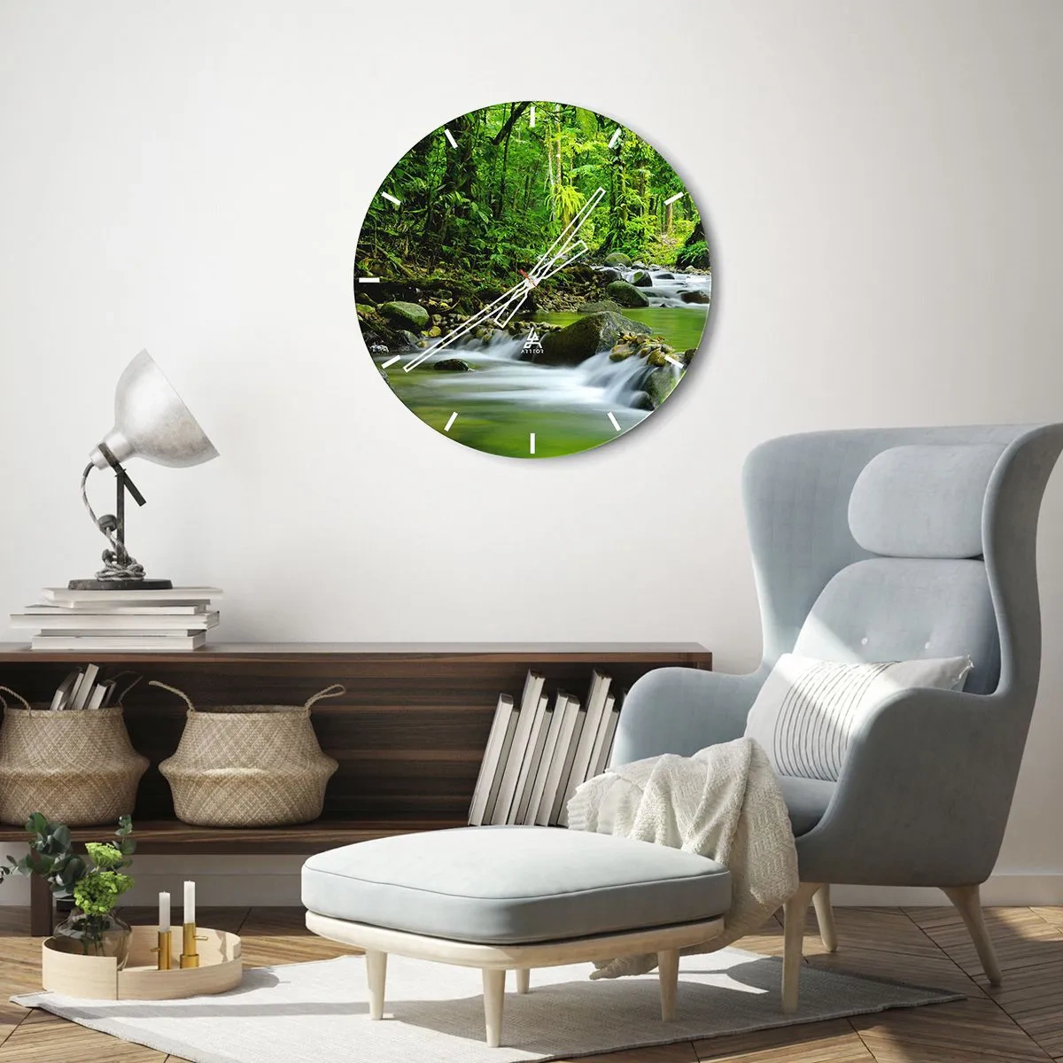 Relógio de parede - Relógio em vidro - Um riacho em uma floresta tropical - 30x30cm - Navegar no mar de vegetação - Decoração de parede moderna para a sala de estar, cozinha e quarto ARTTOR