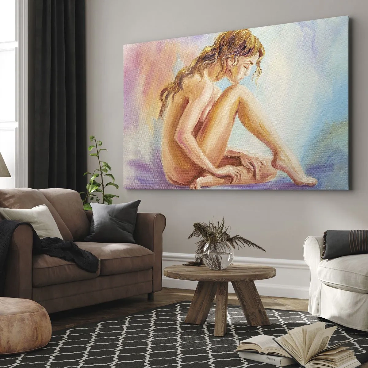 Quadro em tela - Uma figura delicada de uma mulher em um fundo pastel - 70x50cm - Ato de juventude - Decoração de parede moderna para a sala de estar e quarto ARTTOR