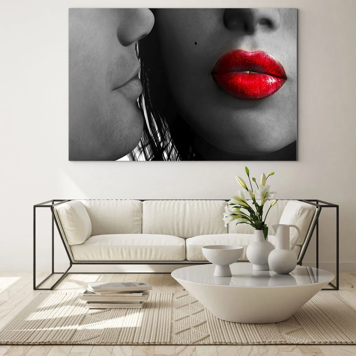 Quadro em vidro - Lábios sensuais em uma foto contrastante - 70x50cm - Cara a cara  - Decoração de parede moderna para a sala de estar e quarto ARTTOR