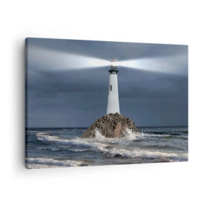 Quadro em tela - Um farol em uma rocha cercada por um mar tempestuoso - 70x50cm - Aqui... aqui... aqui! - Decoração de parede moderna para a sala de estar e quarto ARTTOR