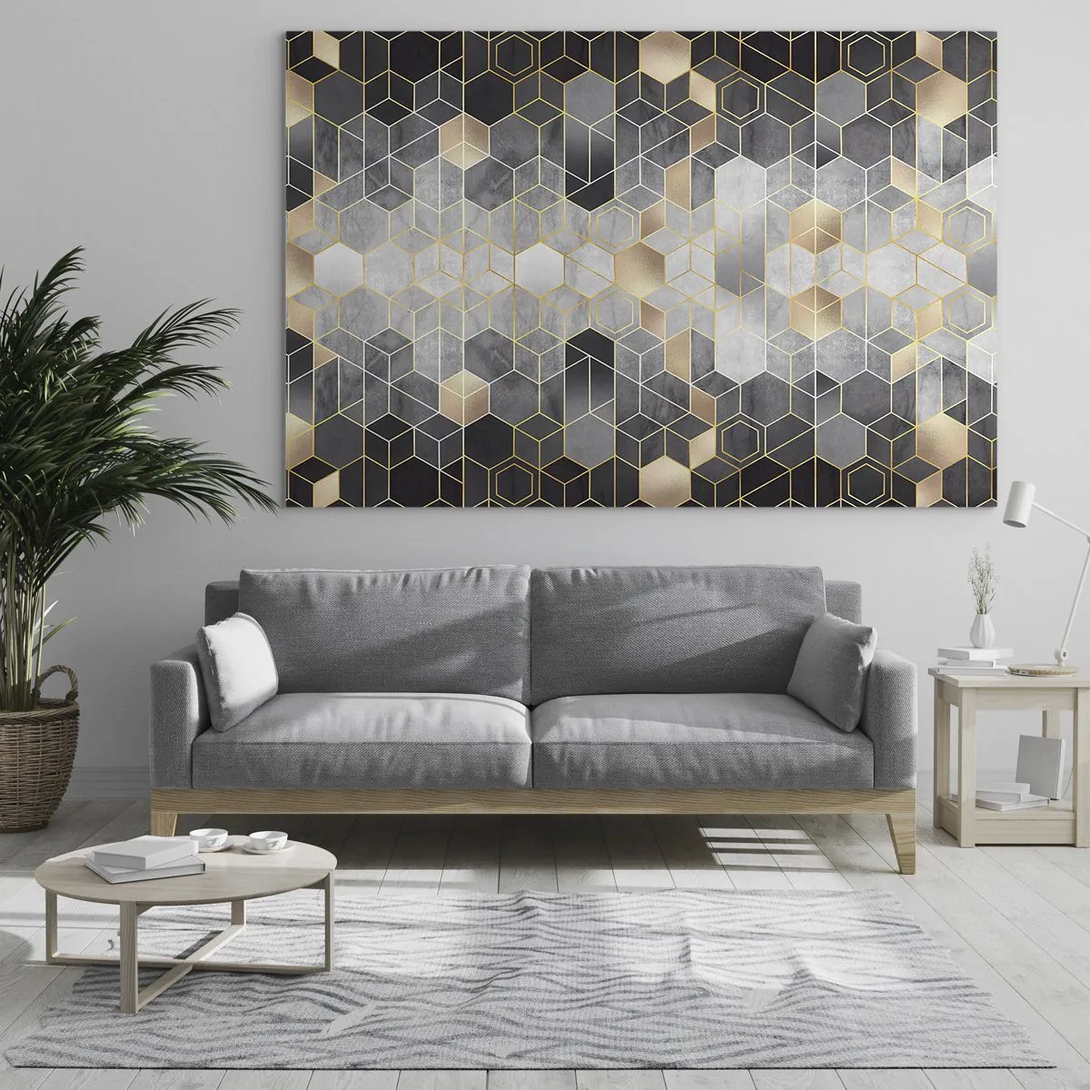 Quadro em vidro - Padrão geométrico de hexágonos em linhas douradas - 70x50cm - Composição do diamante - Decoração de parede moderna para a sala de estar e quarto ARTTOR