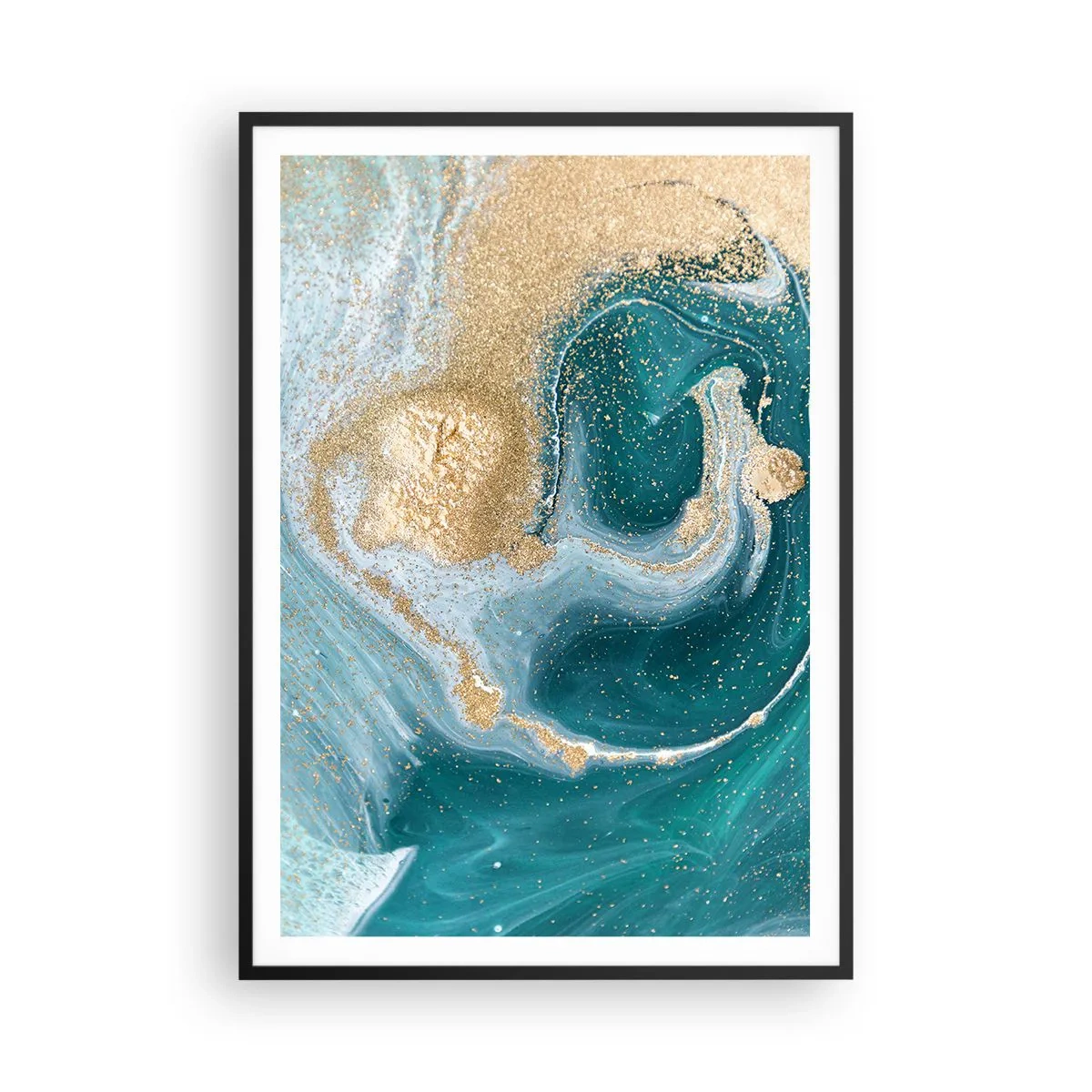 Pôster com moldura preta - Um vórtice de ouro e turquesa - 70x100 cm