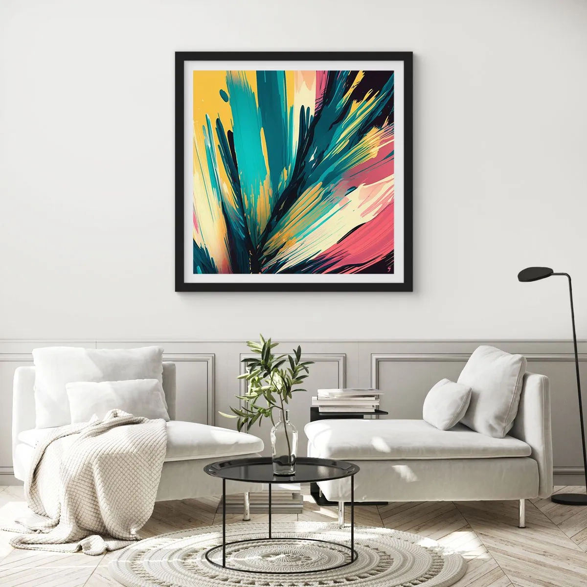 Pôster com moldura preta - Composição – uma explosão de alegria - 30x30 cm