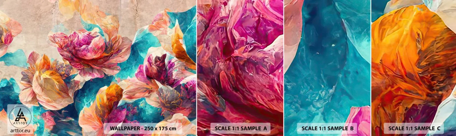 Amostra de Papel de Parede Standard Eco - Esplendor colorido do buquê - Flores, Pastel, Pedaço - 100x30 cm