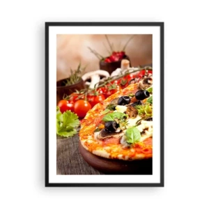 Pôster com moldura preta - Pizza com azeitonas e ervas com ingredientes frescos - 50x70cm - Ingredientes telúricos - Decoração de parede moderna para a sala de estar e quarto ARTTOR