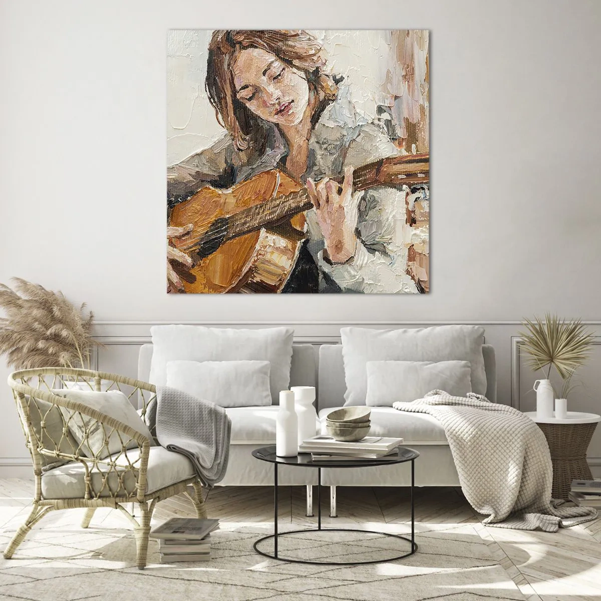 Quadro em vidro - Concerto de violão e coração de rapariga - 60x60 cm