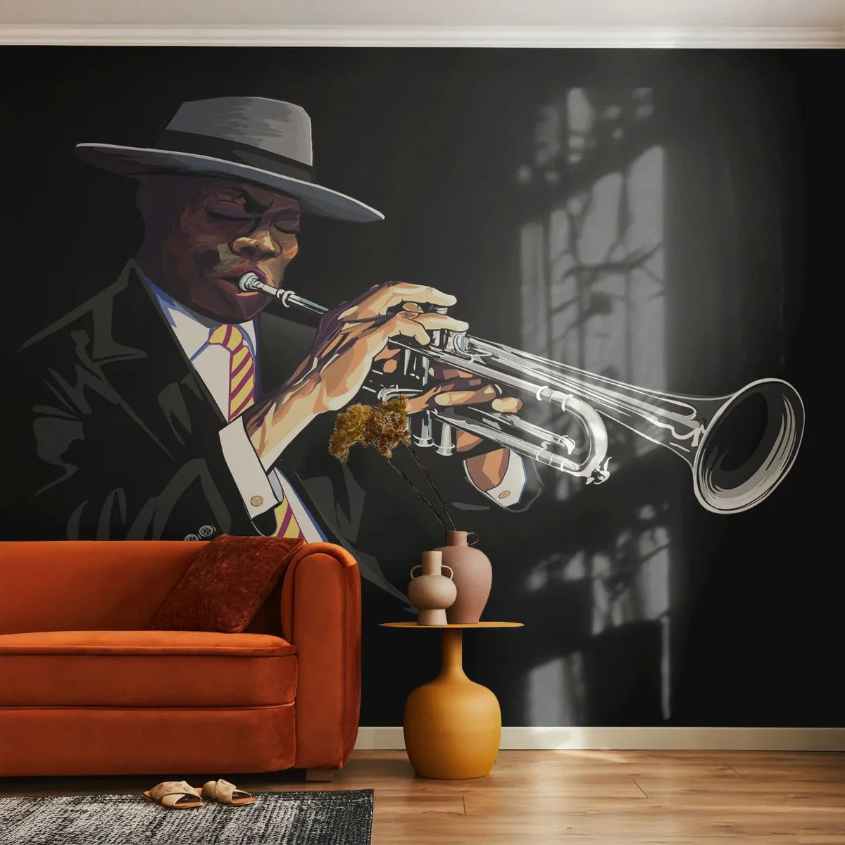 Papel de Parede Premium Sand - Charme da velha escola - Música, Jazz, Trompete - 450x315 cm