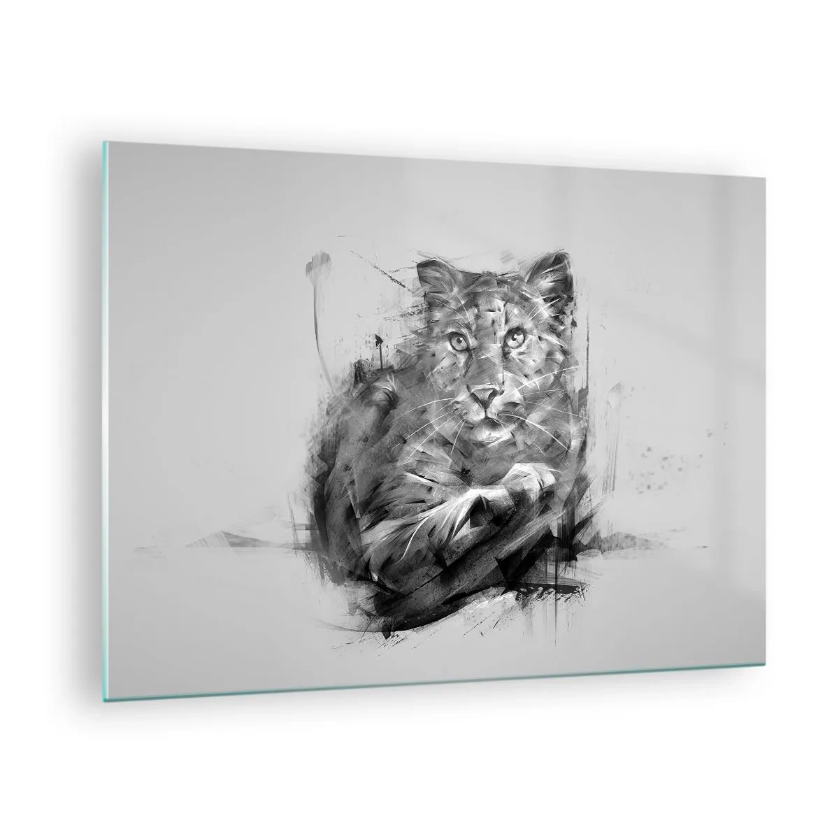 Quadro em vidro - Um desenho de um tigre em estilo monocromático sobre um fundo claro - 70x50cm - Sim, estou a ouvir atentamente - Decoração de parede moderna para a sala de estar e quarto ARTTOR