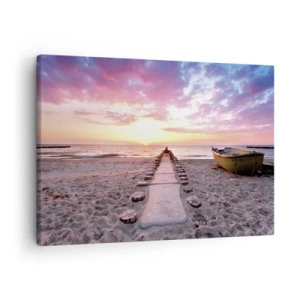 Quadro em tela - Praia do nascer do sol com barco e píer - 70x50cm - Um momento de profunda experiência - Decoração de parede moderna para a sala de estar e quarto ARTTOR