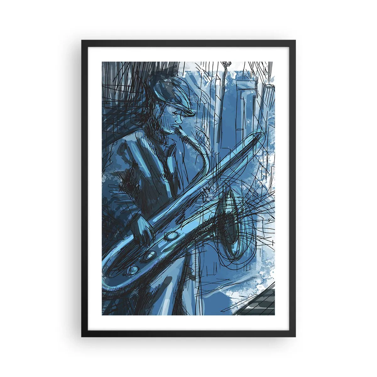 Pôster com moldura preta - Desenho artístico de um músico tocando saxofone - 50x70cm - Rapsódia Urbana - Decoração de parede moderna para a sala de estar e quarto ARTTOR