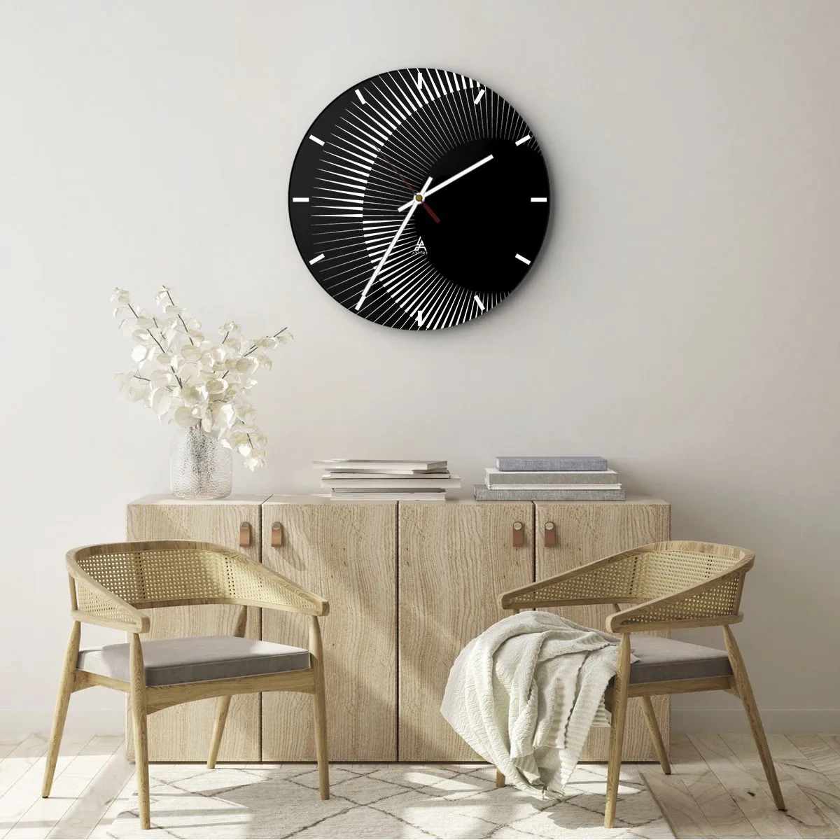 Relógio de parede - Relógio em vidro - Fundo preto com um padrão radiante em forma de disco solar - 30x30cm - Sol preto - Decoração de parede moderna para a sala de estar, cozinha e quarto ARTTOR