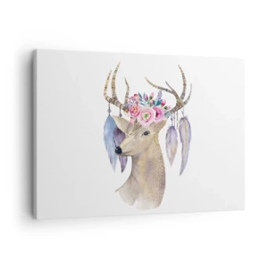 Quadro em tela - Gráfico romântico de veado com flores e penas - 70x50cm - Guia da alma - delicado, inocente - Decoração de parede moderna para a sala de estar e quarto ARTTOR